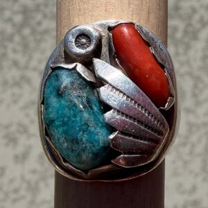 Rare 1970 Large Handmade Navajo Sterling Silver Turquoise Coral Ring Size 10.5